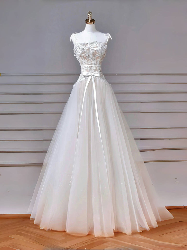 A-Line Tulle Lace Ivory Long Prom Dress, Ivory Long Formal Dress