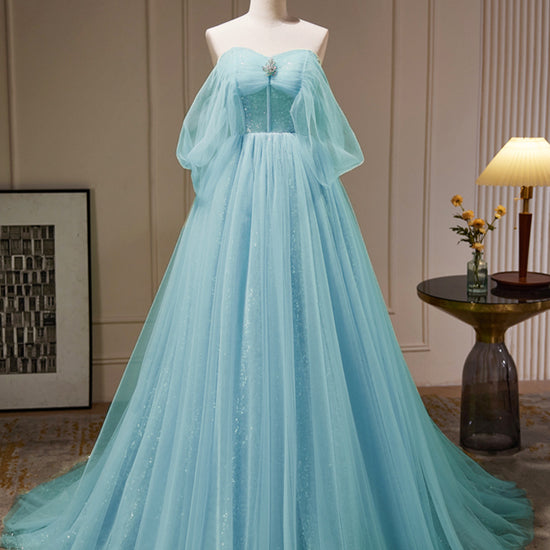 light blue off the shoulder prom dress A-Line Off Shoulder Tulle Blue Long Prom Dress, Blue Long Evening Dres –  dresstby