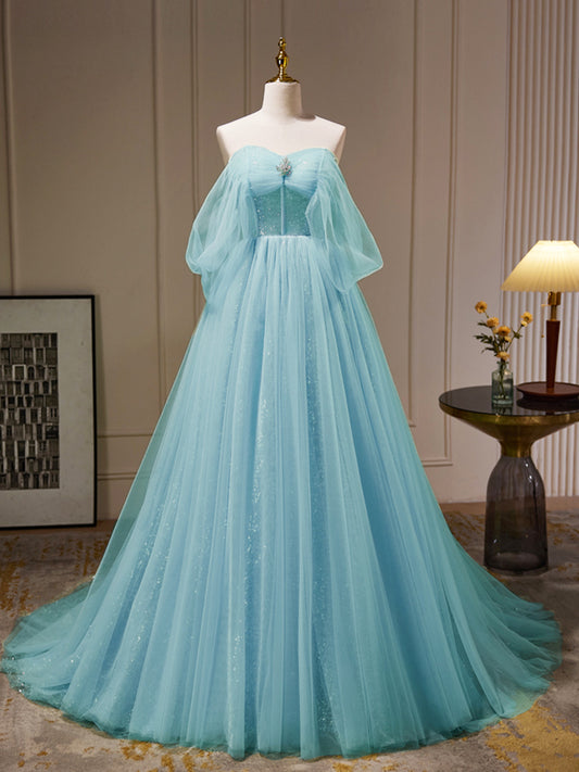 A-Line Off Shoulder Tulle Blue Long Prom Dress, Blue Long Evening Dress