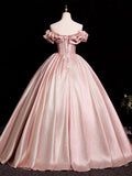 A-Line Off Shoulder Satin Pink Long Prom Dress, Pink Long Formal Dress
