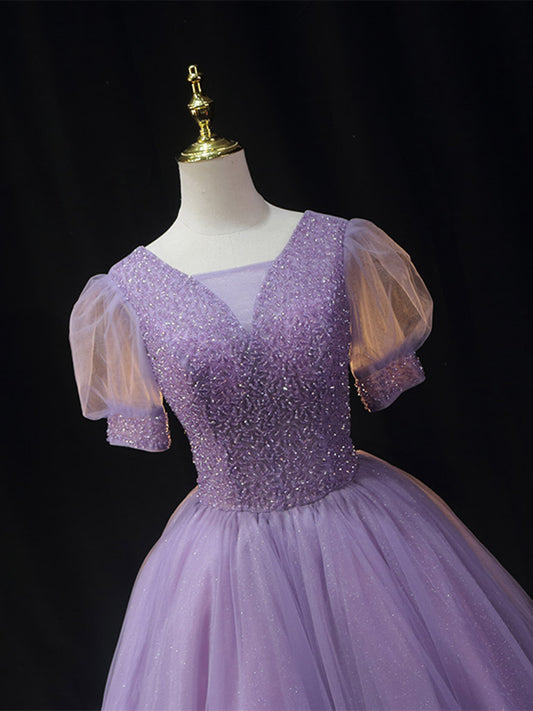 Purple V Neck Tulle Beading Sequin Short Prom Dress, Purple Homecoming Dress