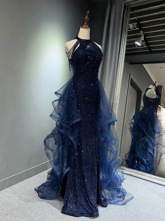 A-Line High Neck Tulle Sequin Dark Blue Long Prom Dress with Beads