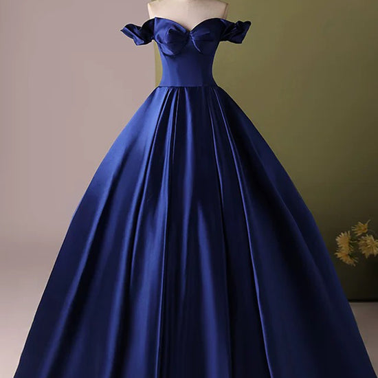 A-Line Off Shoulder Satin Blue Long Prom Dress, Blue Long Formal Dress   dresstby