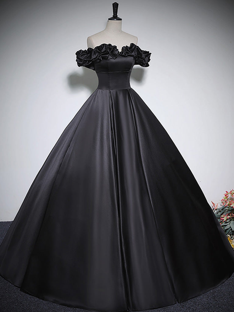 Black A-Line Off Shoulder Satin Long Prom Dress, Black Formal Dress
