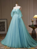 A-Line Off Shoulder Tulle Blue Long Prom Dress, Blue Long Evening Dress