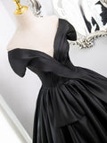 A-Line V Neck Off Shoulder Satin Black Long Prom Dress, Black Long Formal Dress