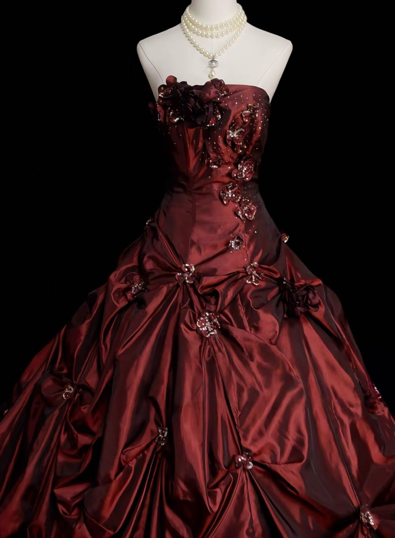 A-line Taffeta Sweep Train Burgundy Long Prom Dress with Beads