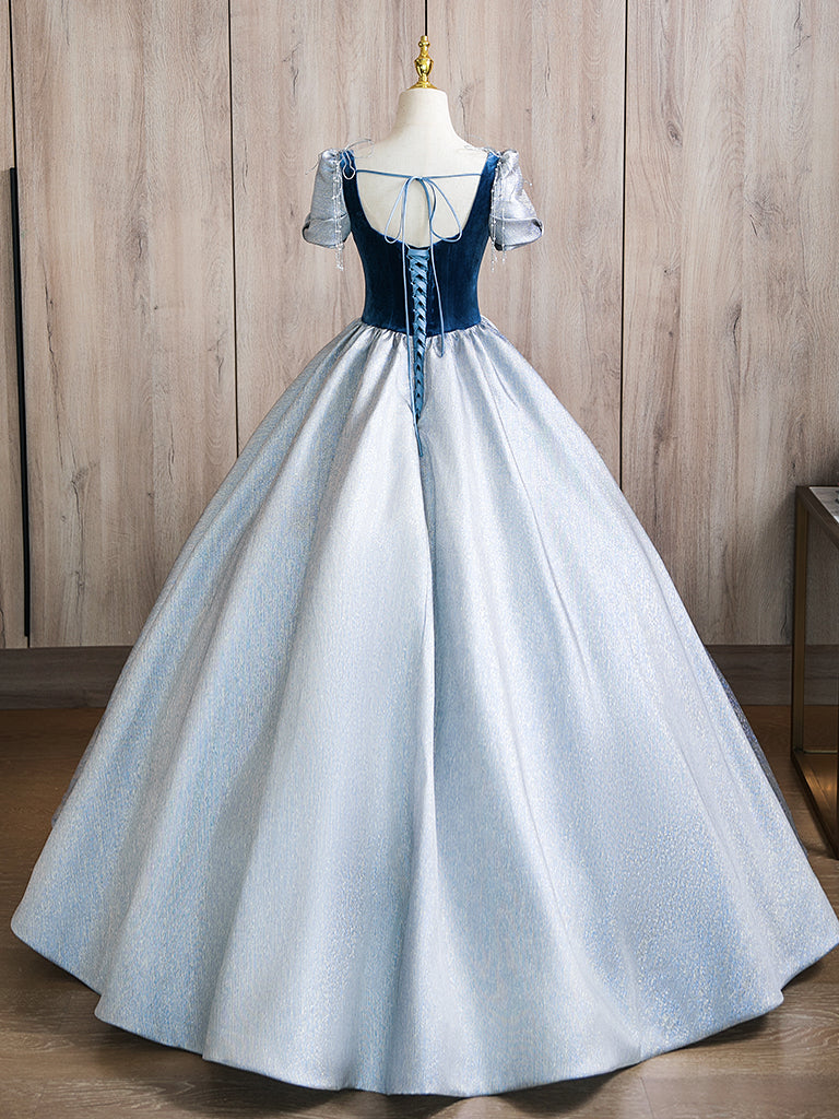 A-line Puff sleeves Blue Long Prom Dress, Blue Long Formal Dress