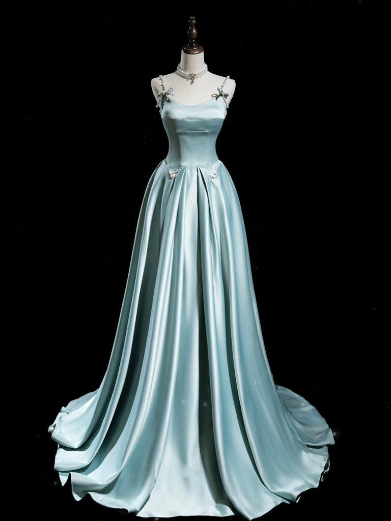 A-Line Blue Satin Long Prom Dress, Blue Long Formal Dress