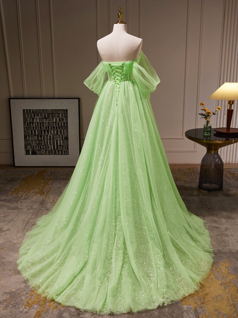 Green Tulle Long Prom Dresses