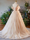 A-Line Off Shoulder Tulle Champagne Long Prom Dress, Champagne Long Formal Dress