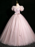 A-Line Puff Sleeves Pink Tulle Sequin Pink Long Prom Dress, Pink Long Evening Dress