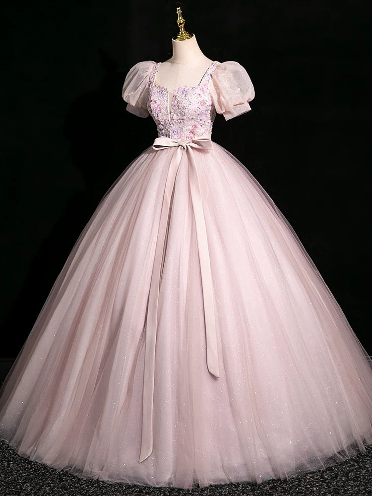 A-Line Puff Sleeves Pink Tulle Sequin Pink Long Prom Dress, Pink Long Evening Dress