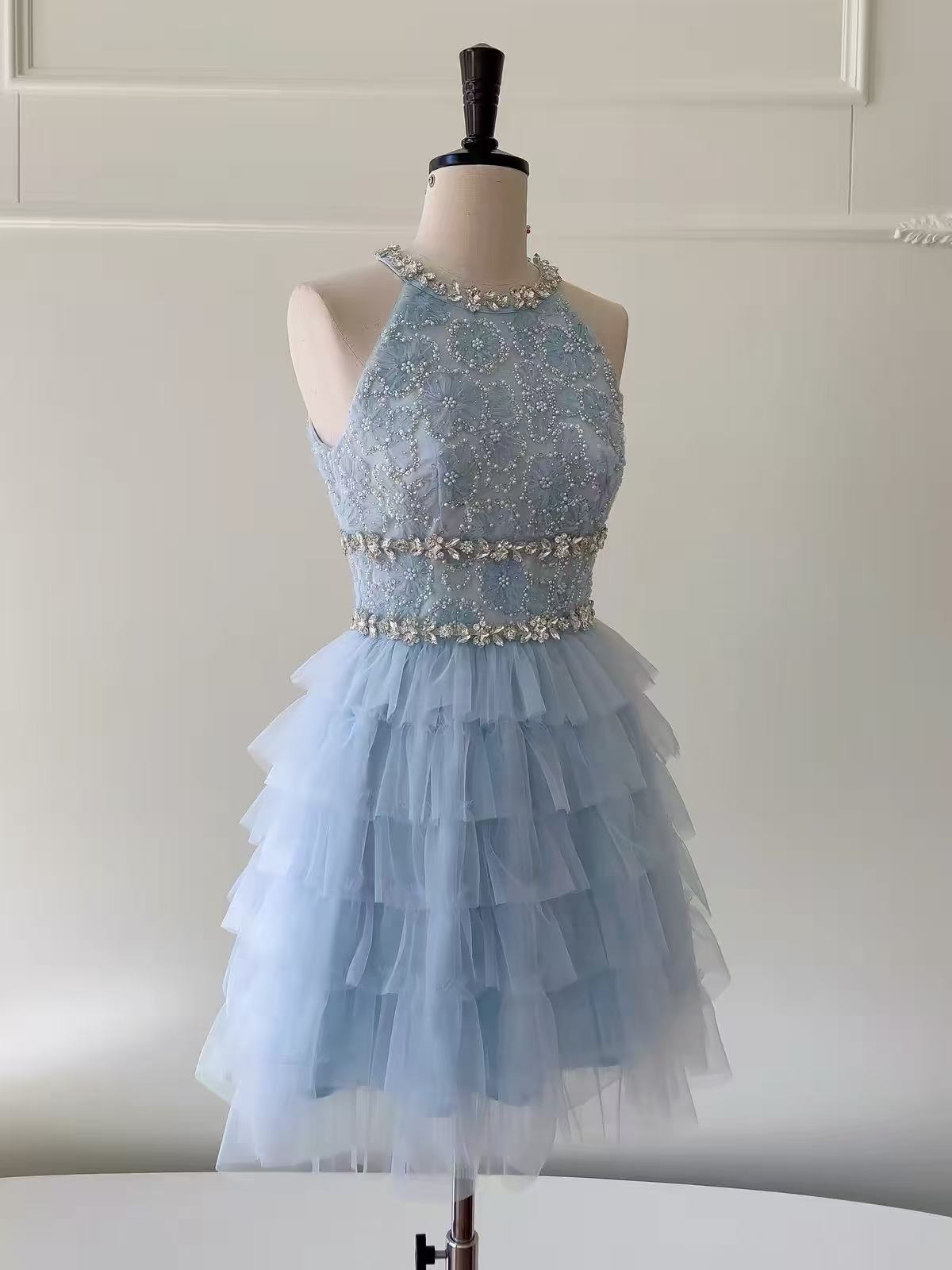 A-line Tulle Sequin Lace Blue Short Prom Dress, Blue Homecoming Dress