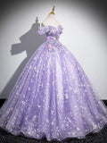 A-Line Off Shoulder Tulle Lace Purple Long Prom Dress, Purple Long Formal Dress