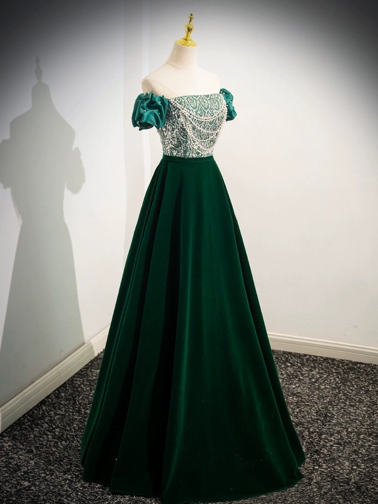 A-Line Velvet Sequin Beads Green Long Prom Dress, Green Velvet Long Formal Dress