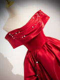 A-Line Off Shoulder Satin Red Long Prom Dress, Red Long Evening Dress