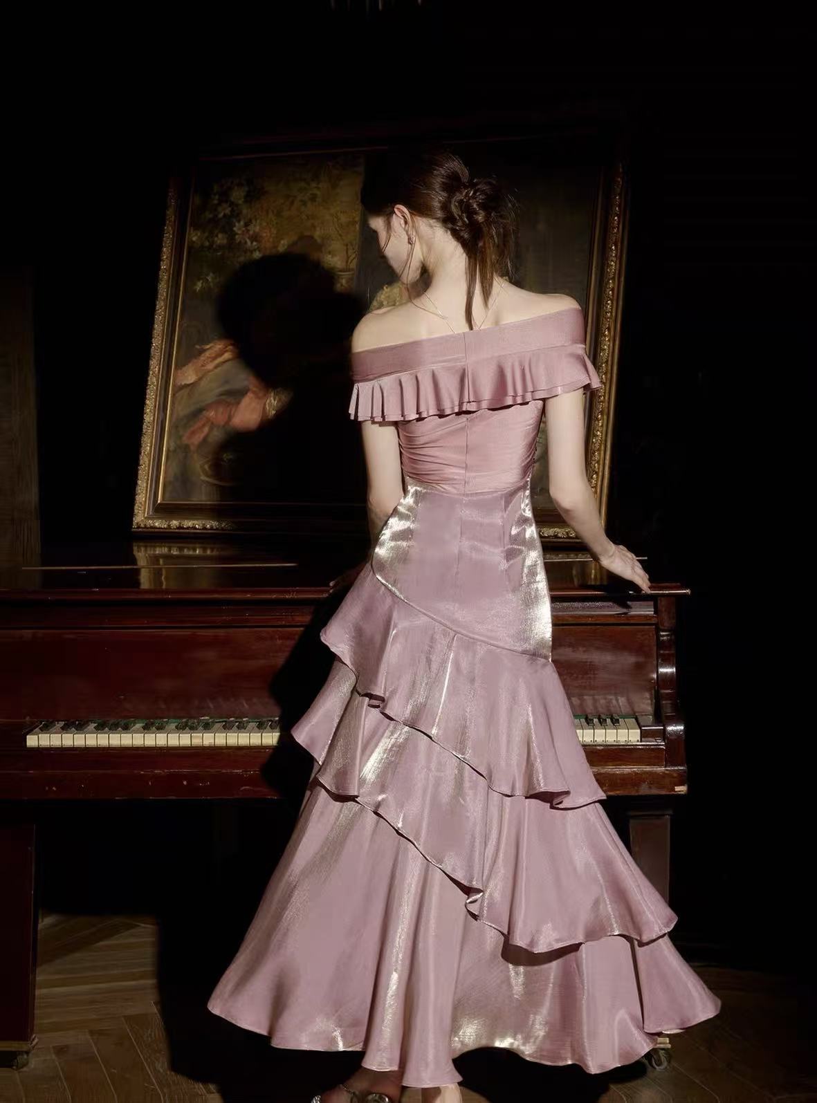 Simple Mermaid Off Shoulder Silk Pink Long Prom Dress