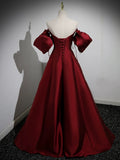 A-Line Puff Sleeves Satin Burgundy Long Prom Dress, Burgundy Long Formal Dress