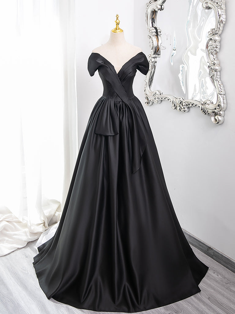 A-Line V Neck Off Shoulder Satin Black Long Prom Dress, Black Long Formal Dress