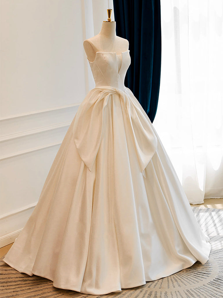 A-Line Off-the-shoulder Satin Sweep Train Light Champagne Long Prom Dress