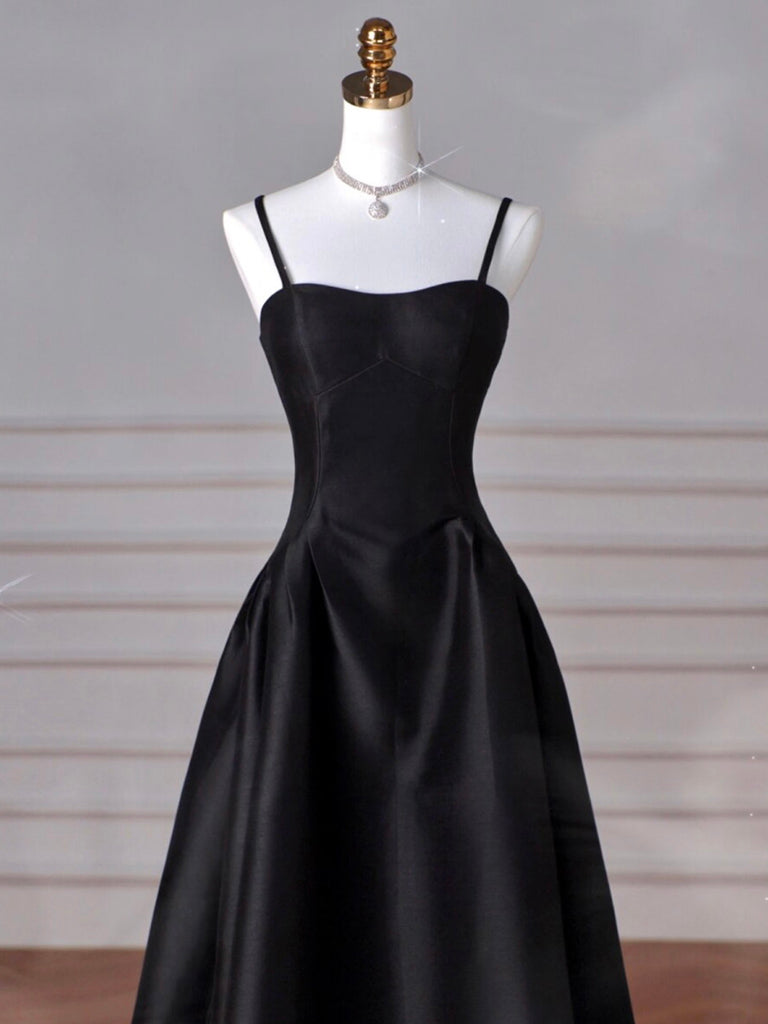 A-Line Sweetheart Neck Satin Black Long Prom Dress, Black Long Evening
