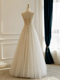 A-Line Tulle Lace Sequin Light Champagne Long Prom Dress