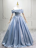 A-Line Off Shoulder Satin Blue Long Prom Dress, Blue Long Formal Dress