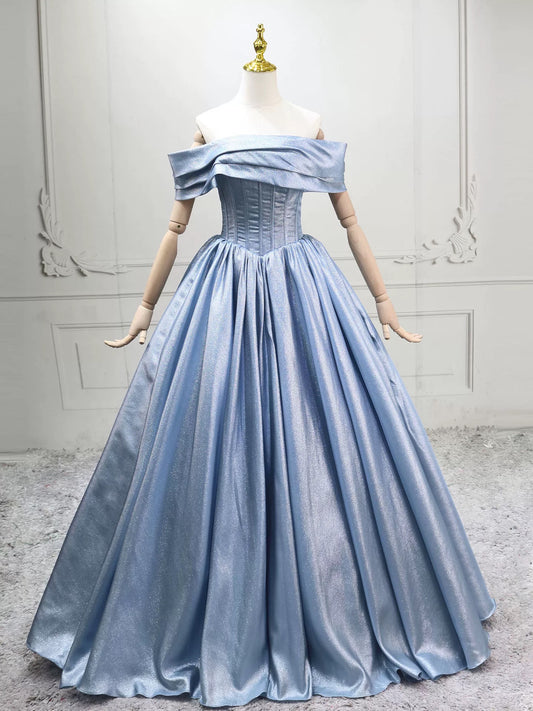 A-Line Off Shoulder Satin Blue Long Prom Dress, Blue Long Formal Dress