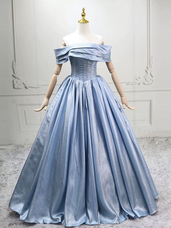 A-Line Off Shoulder Satin Blue Long Prom Dress, Blue Long Formal Dress