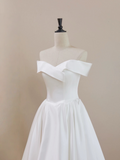 A-Line Off Shoulder Tea Length White Prom Dress, White Bridesmaid Dress
