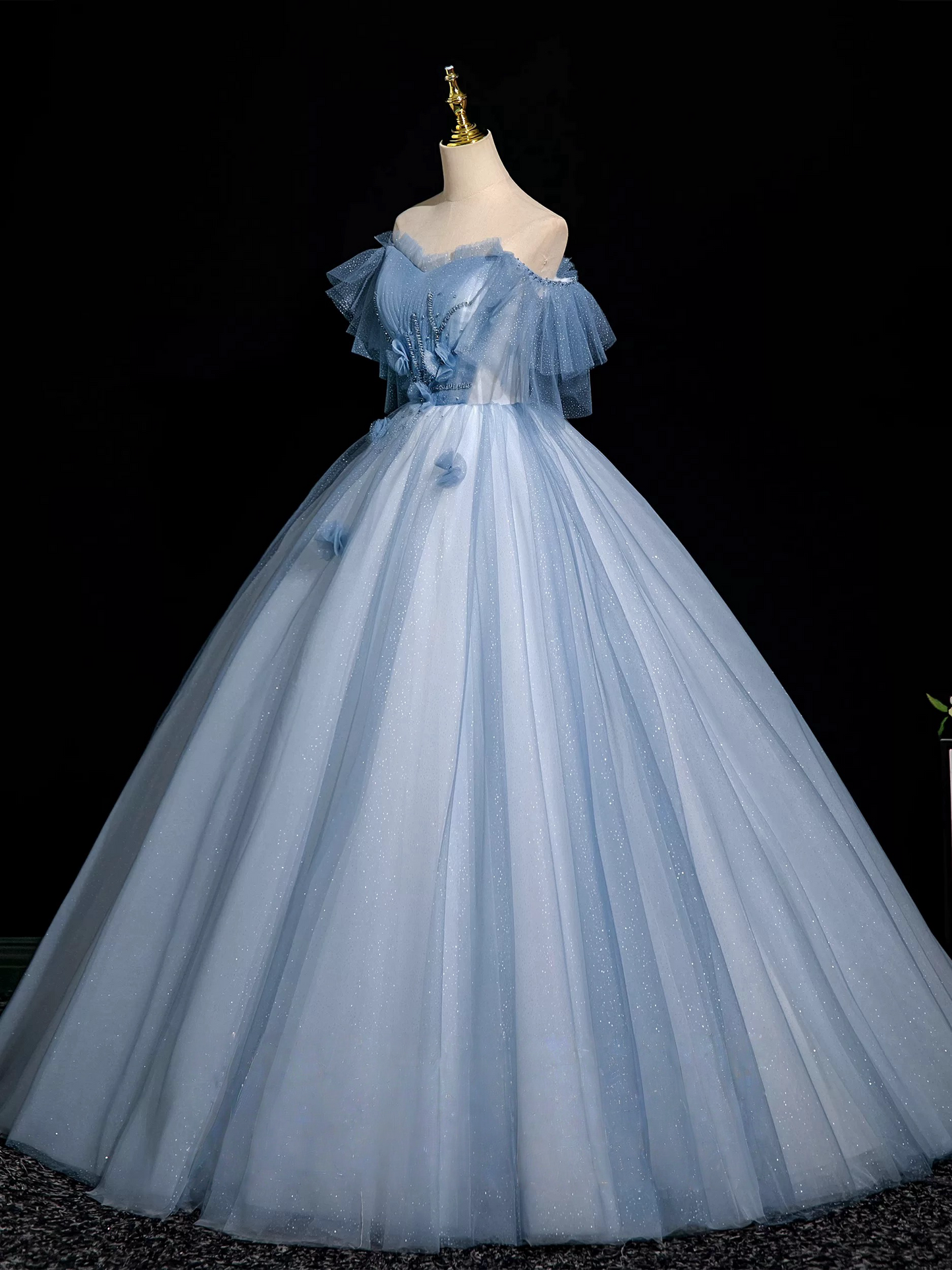 A-Line Tulle Sequin Gray Blue Long Prom Dress, Gray Blue Long Prom Dress