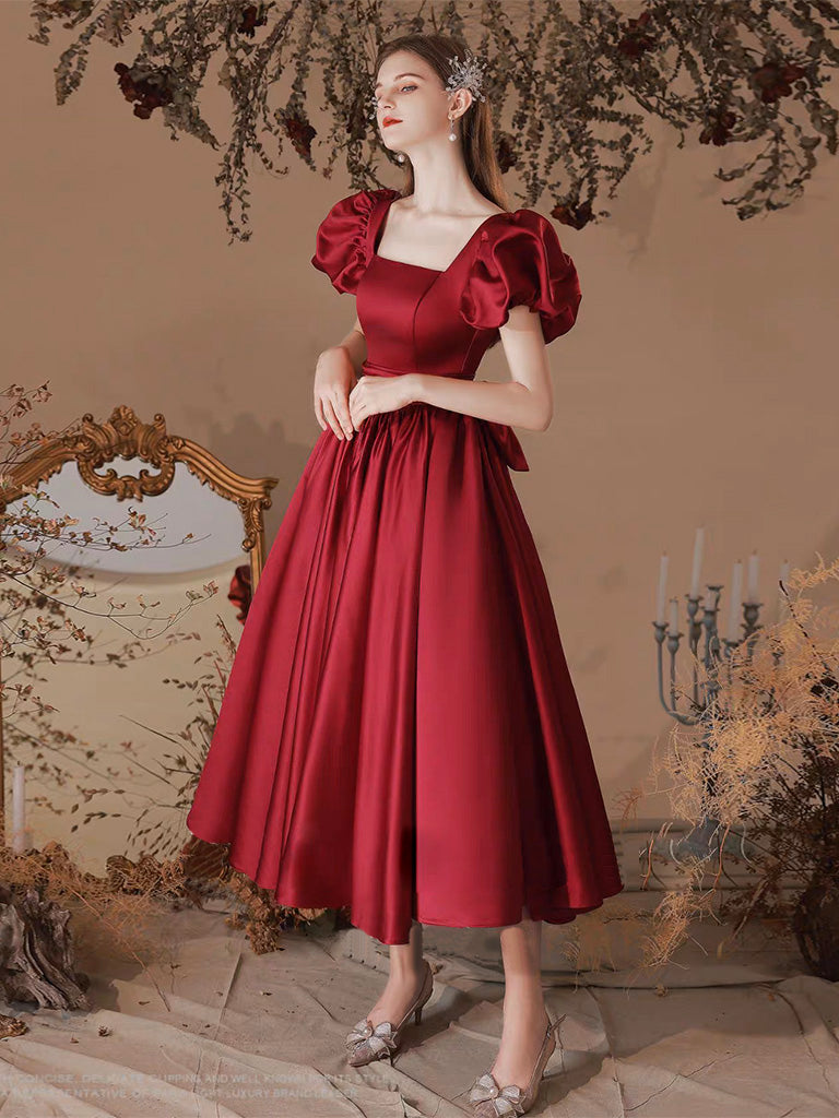 A-Line Satin Tea Length Burgundy Prom Dress, Burgundy Formal Dress dresstby A-Line Satin Tea Length Burgundy Prom Dress, Burgundy Formal Dress dresstby