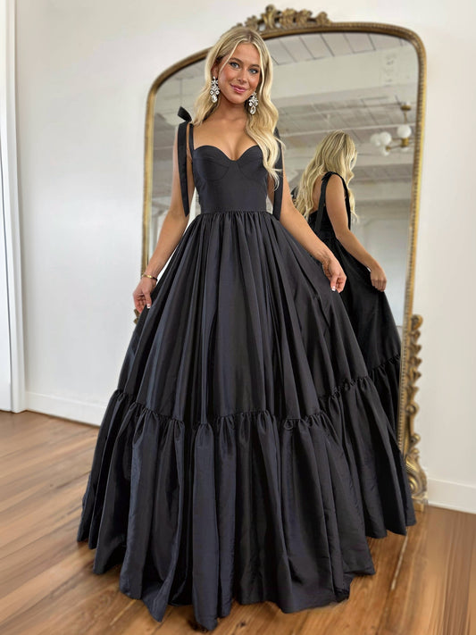 A-Line Sweetheart Neck Taffeta Black Long Prom Dress, Black Long Evening Dress