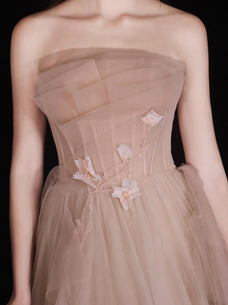A-Line Champagne Tulle Beads Long Prom Dress, Champagne Tulle Long For