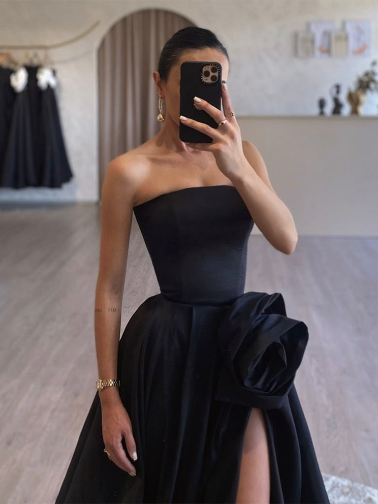 A-Line Satin Black Long Prom Dress, Black Long Formal Dress