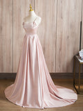 A-Line Satin Pink Long Prom Dress, Pink Long Formal Dress