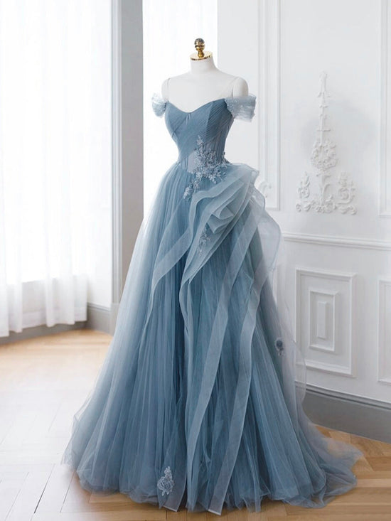 Gray Blue A-Line Lace Long Prom Dress, Gray Blue Formal Evening Dress