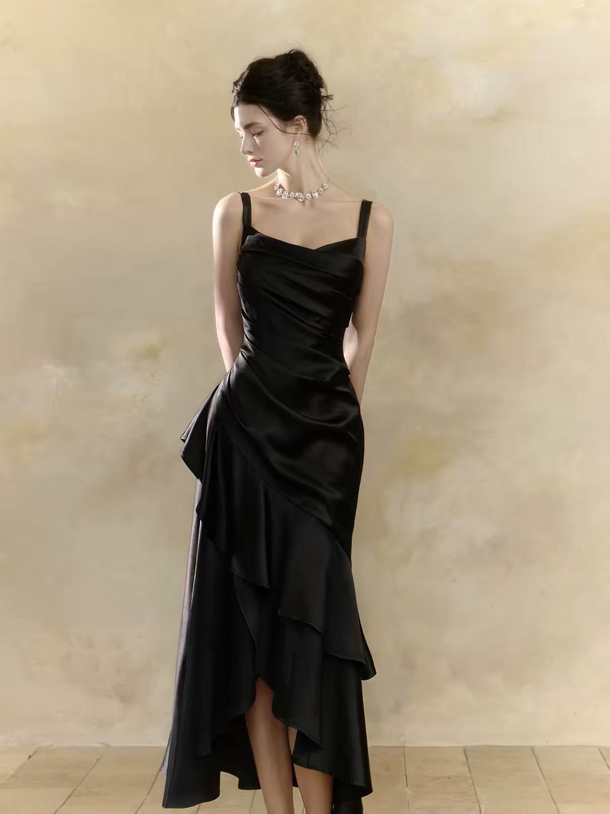 Simple V Neck Mermaid Satin Tea Length Black Prom Dress