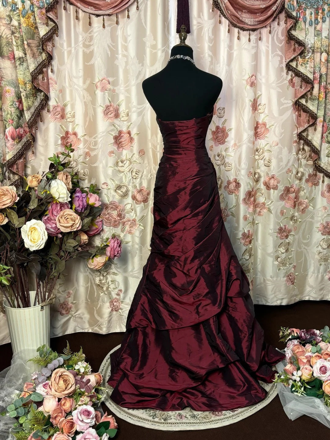 A-Line Sweetheart Taffeta Burgundy Long Prom Dress, Burgundy Formal Dress