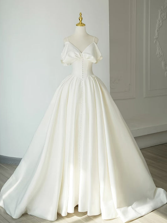 A-Line Off Shoulder Satin ivory Long Prom Dress, ivory Long Formal Dress
