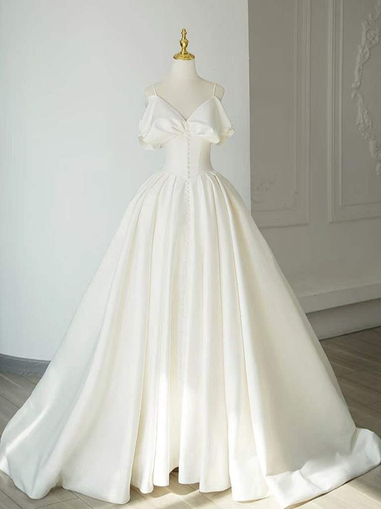 A-Line Off Shoulder Satin ivory Long Prom Dress, ivory Long Formal Dress