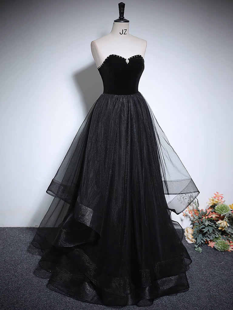 Black A-Line Tulle Long Prom Dress, Black Long Evening Dress