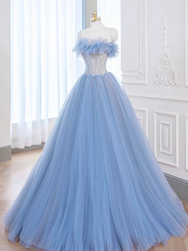 A-Line Blue Tulle Lace Long Prom Dress, Blue Tulle Lace Formal Dress dresstby A-Line Blue Tulle Lace Long Prom Dress, Blue Tulle Lace Formal Dress dresstby