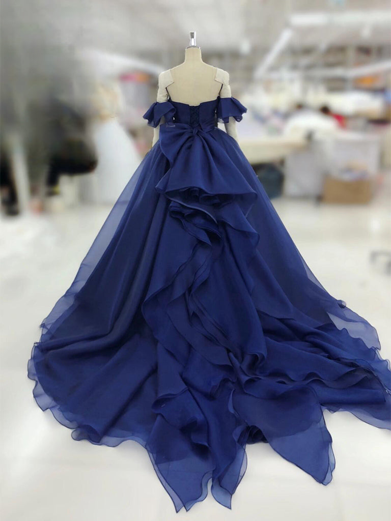 A-Line Tulle Dark Blue Long Prom Dress, Dark Blue Long Formal Dress