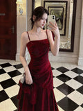 A-Line Floor Length Velvet Ruffles Burgundy Prom Dress