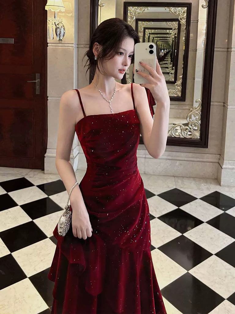 A-Line Floor Length Velvet Ruffles Burgundy Prom Dress