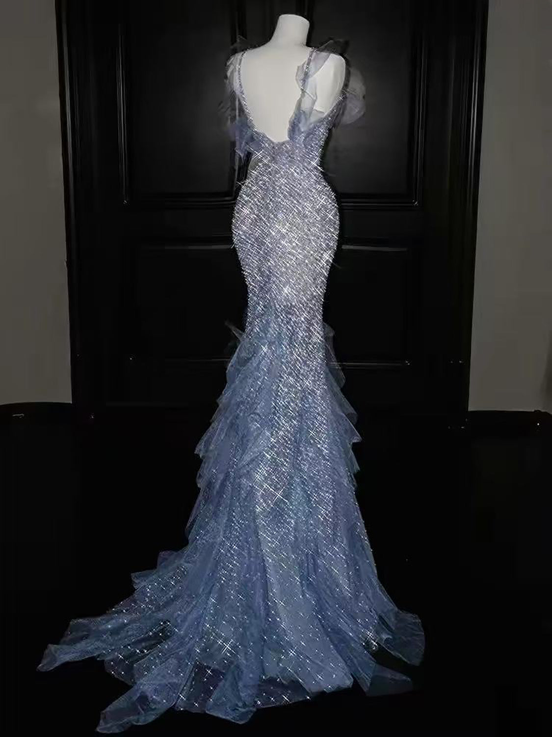Mermaid Tulle Sequin Floor Length Blue Prom Dress, Blue Evening Dress