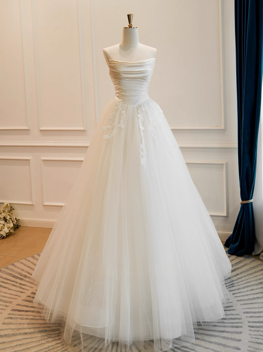 A-Line White Tulle Lace Long Prom Dress, White Long Formal Dress