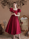 A-Line Satin Tea Length Burgundy Prom Dress, Burgundy Formal Dress